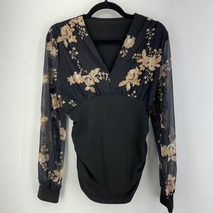 Black Floral V-Neck Top Sheer Mesh Whimsigoth Fairycore Ruched Womens Meduium
